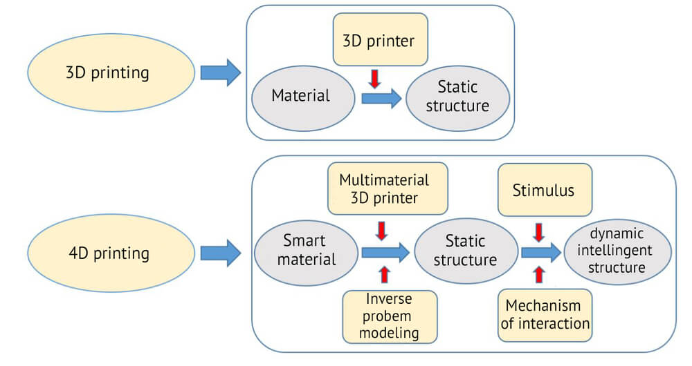 3D打印和4D打印流程的区别。图表由Jean-Claude André | INSIS科学顾问绘制